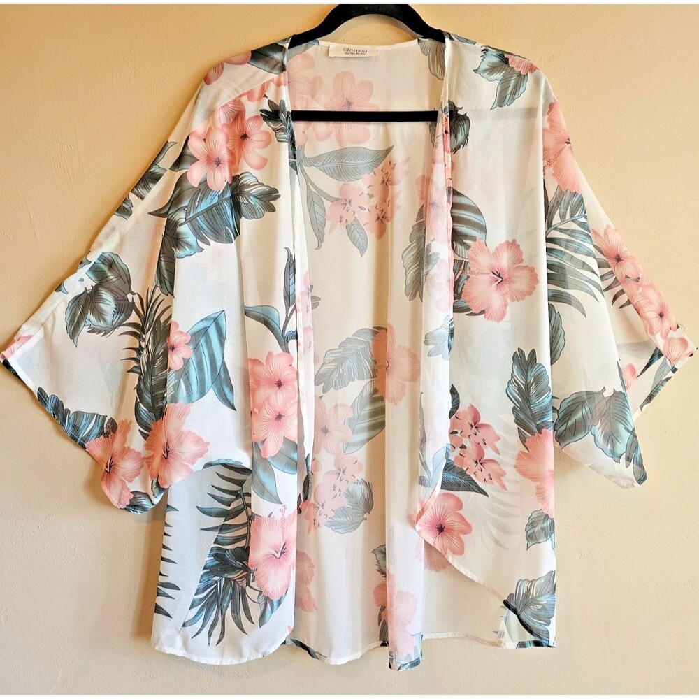 Women Floral Kimono Tropical Chiffon Cover Up L Resort Vacation Beach Feminine